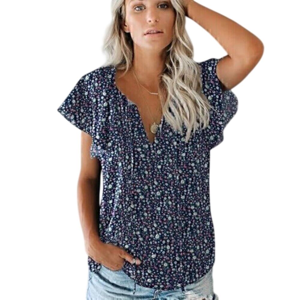 SimpleFun Women’s Small Blouse Boho Floral V-Neck Short Sleeve Blouse
